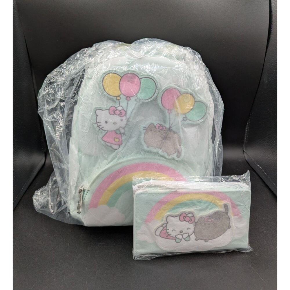 Loungefly Hello Kitty Pusheen Green Pink Balloons Rainbow Backpack and Wallet